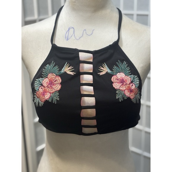 Victoria Secret Y2K‎ Black Embroidered Bikini Top Size Small - Picture 1 of 10